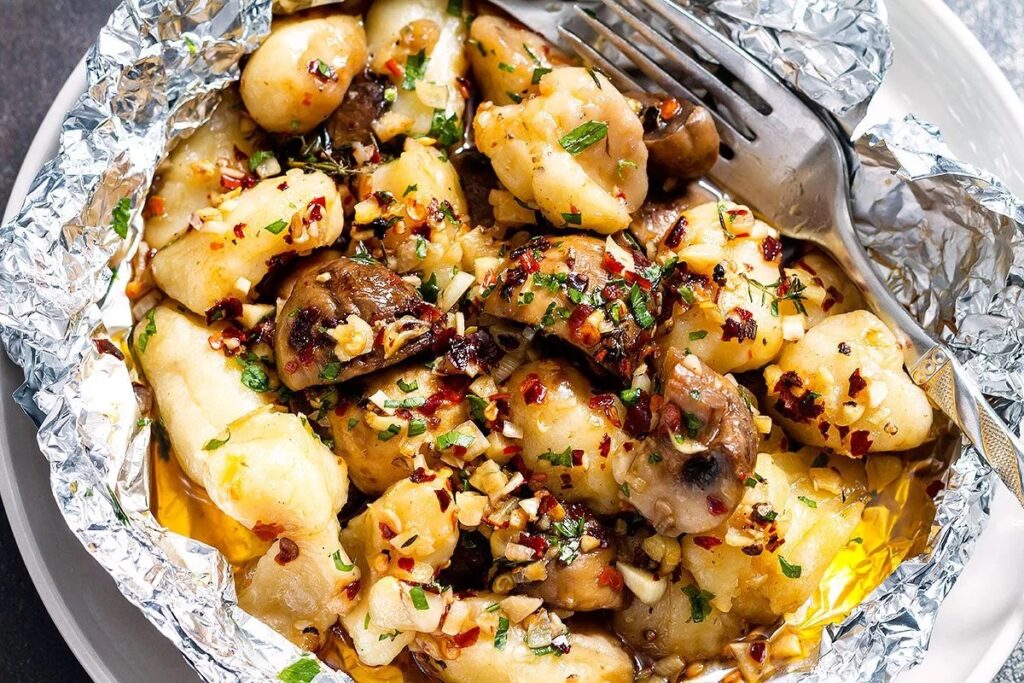 Garlic Butter Mushrooms and Gnocchi Foil Packet Meals For Camping